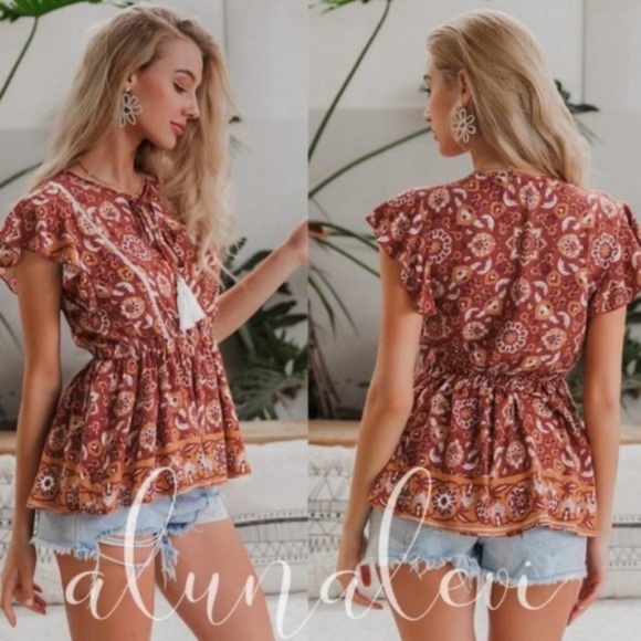 Boho Red Floral Print Half Button Butterfly Sleeve Blouse - Picture 3 of 3